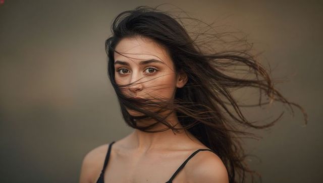 Wind-Swept Brunette Beauty Portrait with Hair Across Face, Soft Editorial Mood