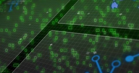 Futuristic data grid showing green markers and sliding panels revealing layered network map