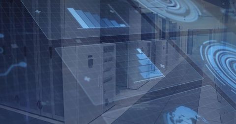 Futuristic Data Center with Digital Visualization Overlay