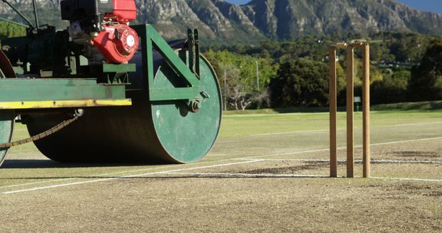 Maintenance of Cricket Pitch with Roller and Stumps - Download Free Stock Images Pikwizard.com