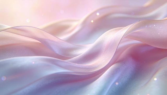 Flowing pearlescent satin waves creating soft pastel ribbon texture for luxury design