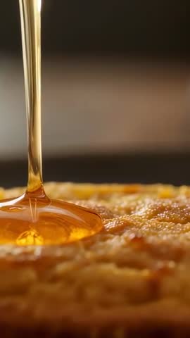 Pouring golden syrup forming glossy pool on warm pancake surface close-up vertical video