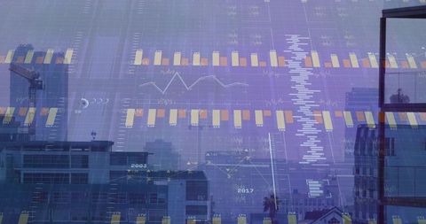 Urban skyline with transparent data overlay, financial charts and analytics dashboard