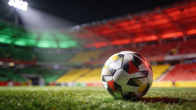 Multicolor soccer ball resting on turf under floodlights with vibrant red green yellow stadium seats