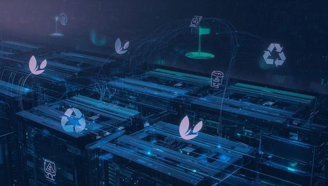 Futuristic Data Center with Eco-Friendly Innovation Icons