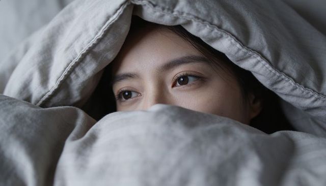 Peeking asian woman under light gray duvet, cozy intimate closeup capturing contemplative gaze