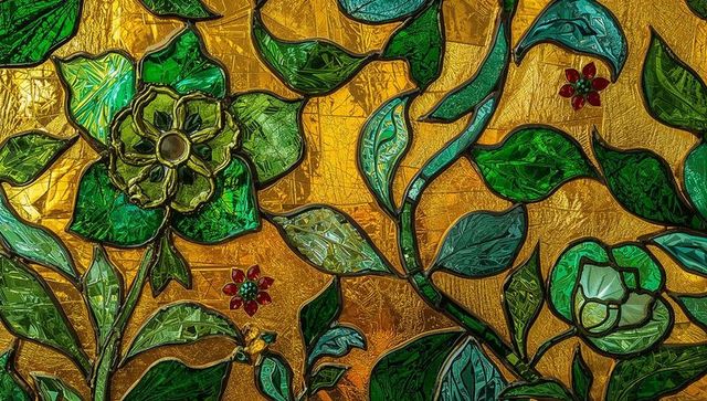 Ornate stained glass panel with green leaf motifs showcasing artistry