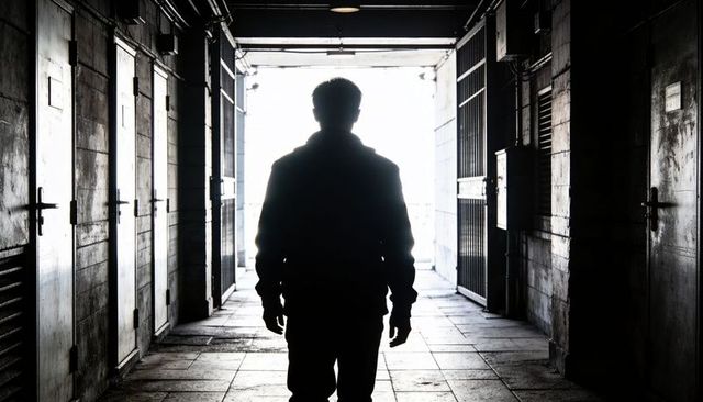 Backlit silhouette of man walking toward bright exit in narrow industrial corridor
