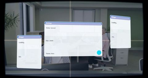 Transparent ui dashboard overlaying modern openplan office with collaborative widgets