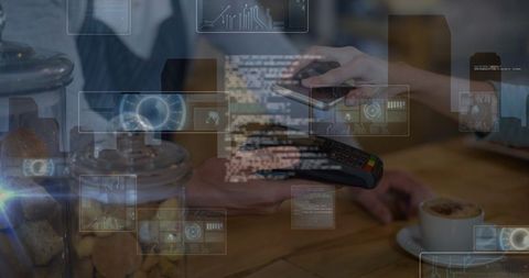 Digital payment technology in futuristic cityscape interface