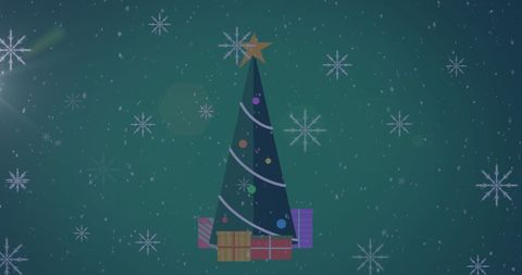 Snow Falling Over Illuminated Christmas Tree Green Background