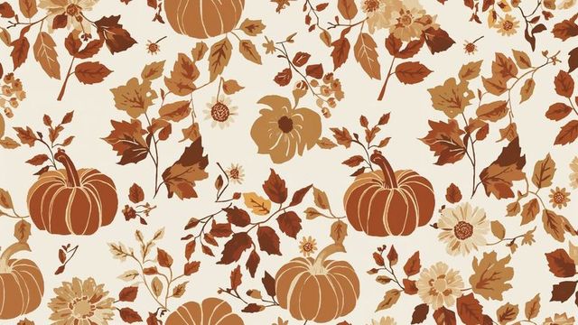Rustic Autumnal Pattern with Pumpkins and Leaves on Beige
