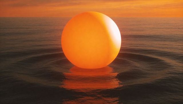 Glowing Orange Orb Floating on Calm Ocean at Sunset with Concentric Ripples