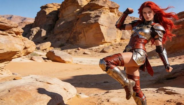 Red-haired female warrior in ornate armor striking heroic pose in sunlit desert canyon