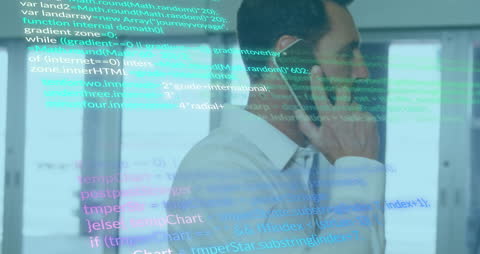 Business Professional Analyzing Data Over Phone with Code Overlay