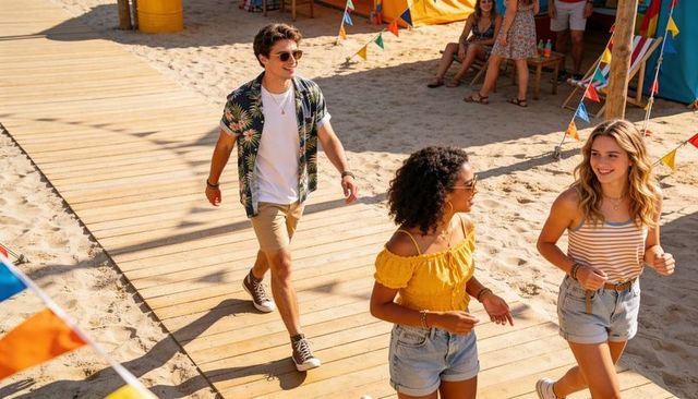 Friends walking on sunny beach boardwalk wearing casual summer outfits and sunglasses