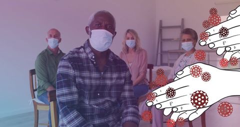 Senior Group Socializing with Masks Illustration