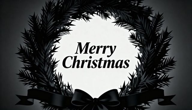 Monochrome black pine wreath merry christmas card with satin bow and high-contrast center