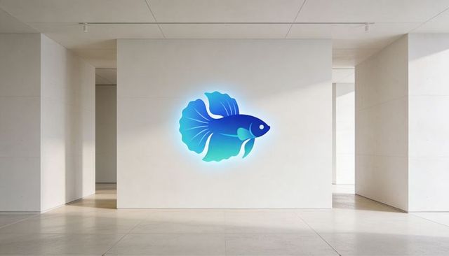 Glowing blue-green betta fish artwork illuminating minimalist gallery wall