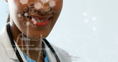 Doctor Smiling with Digital Molecular Interface Overlay