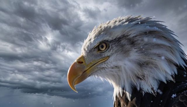 Bald eagle profile against dramatic storm clouds with falling snow and sharp detail
