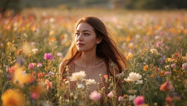Young woman sitting and gazing in wildflower meadow at golden hour wearing floral dress