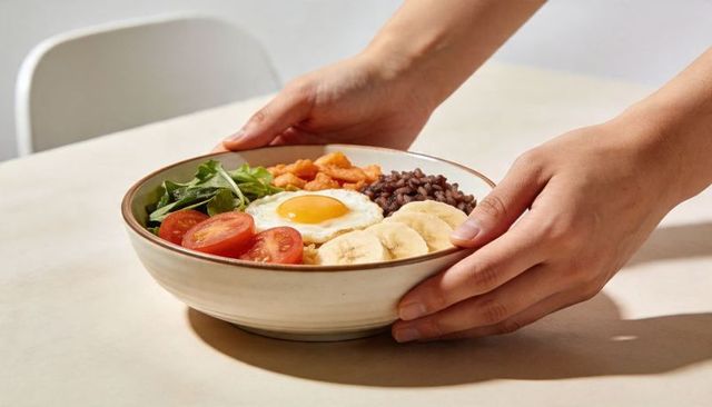 Hands placing healthy breakfast bowl with fried egg, banana slices, cherry tomatoes and greens