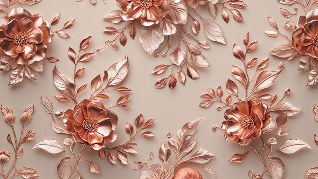 Rose-gold floral embossed pattern on beige wall