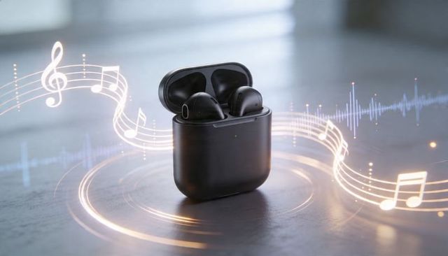 Streaming black wireless earbuds in matte charging case emitting glowing musical notes