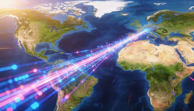 Neon data streams connecting north america and europe over global satellite view