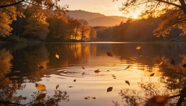 Autumn leaves drifting over tranquil lake creating golden concentric ripples at sunset