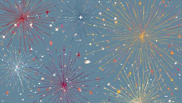 Radiant gold firework bursts and colorful confetti on blue-gray backdrop festive design