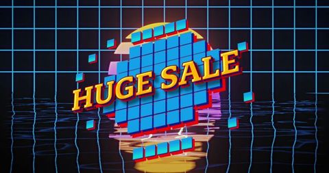 Retro 80s style huge sale announcement with grid and water reflection
