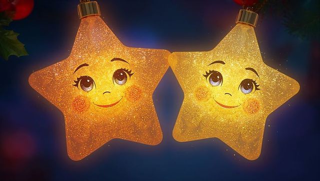 Smiling glitter star ornaments emitting warm golden glow holiday tree decorations