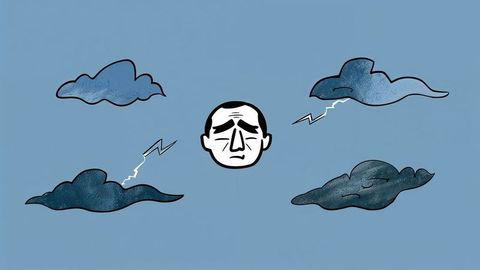 Sad negative wnergy cartoon face with storm clouds on blue background