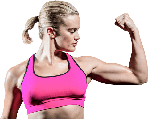 Transparent muscular woman flexing bicep in pink sports top