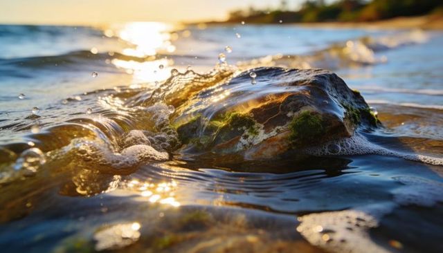Glistening moss-covered rock catching golden sunset light at shallow shoreline