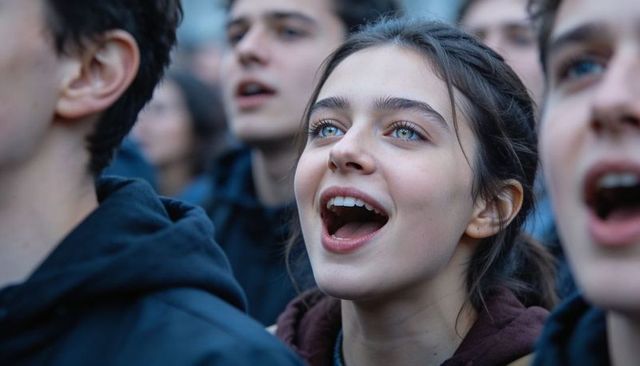 Teenage girl singing and looking upward in crowd at open-air concert, joyful expression