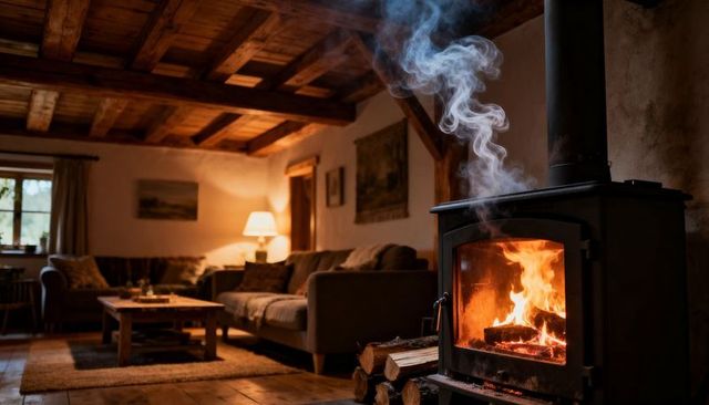 Rustic cottage living room with glowing cast-iron wood stove and warm dancing flames