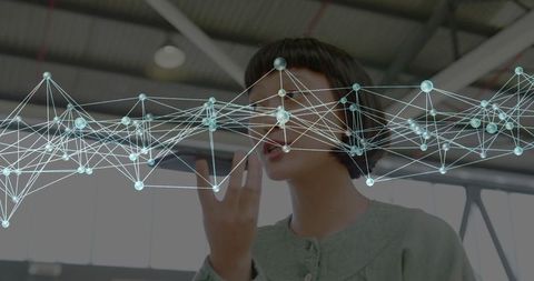 Asian Woman Using Smartphone with Digital Network Internface