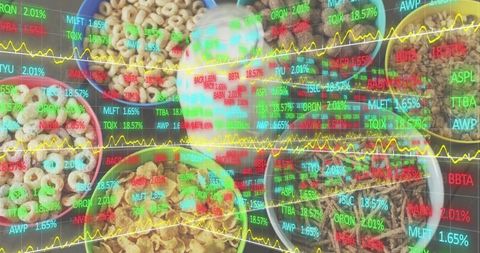 Displaying cereal bowls and milk jug with neon stock market overlay flatlay food finance