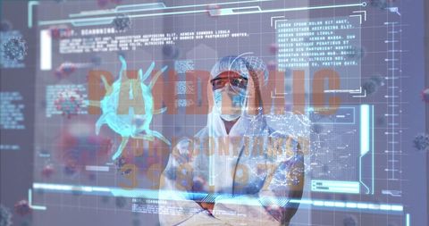 Caucasian doctor in ppe examining covid-19 data visualization