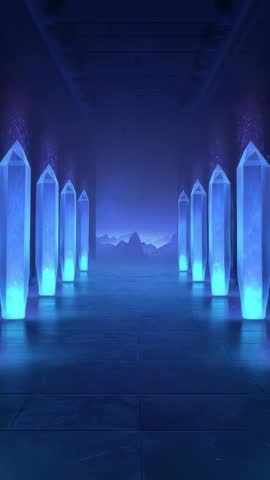 Vertical cinematic: Advancing through glowing blue crystal pillars in mystical temple corridor