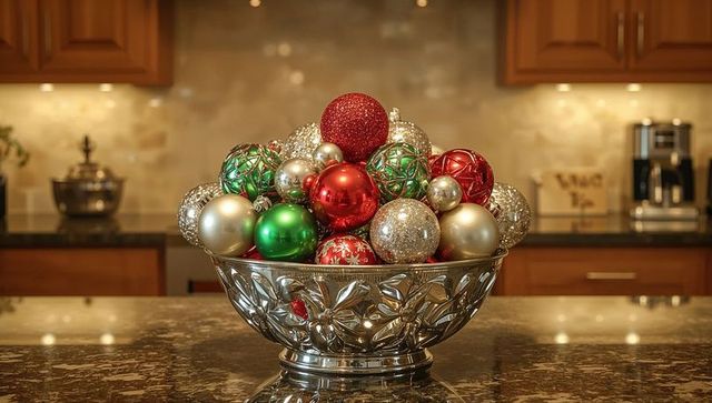Silver bowl overflowing with red green gold christmas ornaments on marble countertop