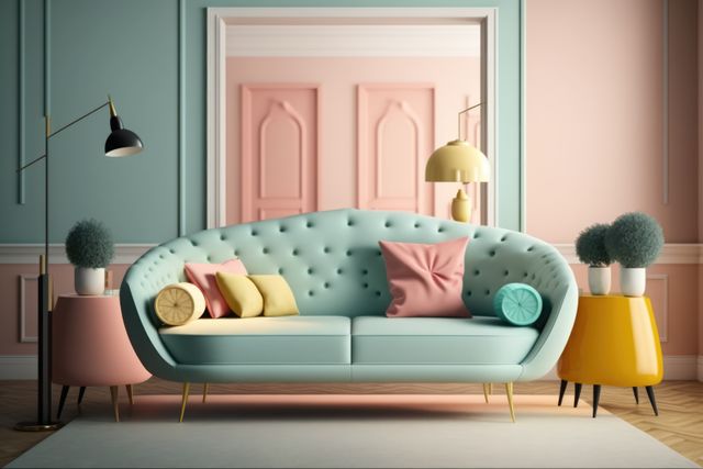 Interior image showcasing a modern living room with pastel-colored decor. Features an elegant, stylish couch in a blue hue with throw pillows in different pastel shades. Tables, lamps, and wall decor add to the contemporary aesthetic. Ideal for use in content related to home decor, interior design inspiration, or contemporary living spaces.