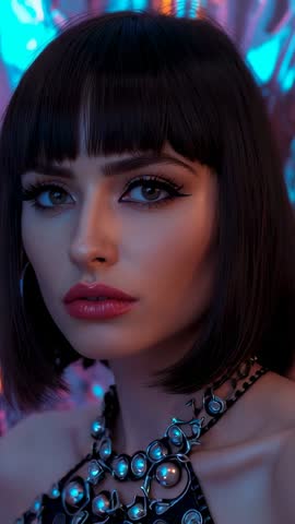 Model Pivoting Head While Neon Lights Shifting Over Foil Backdrop | Vertical Fashion Video