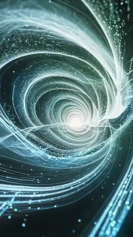 Vertical Vortex Tunnel Spiraling Toward Glowing Core with Particle Energy Flow