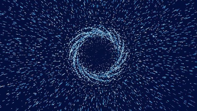 Abstract neon particle vortex halo with radiating streaks and glowing data stream