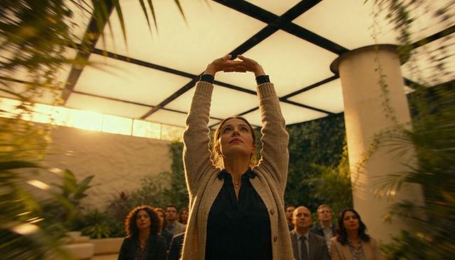 Woman stretching in sunlit atrium wearing smartwatch at botanical wellness event
