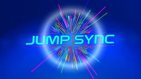 Neon emblem evolving and revealing JUMP SYNC silhouette after cyan flash in studio